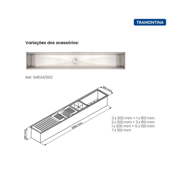 Canal Organizador em Aço Inox para Sobrepor com Acabamento Scotch Brite 105x18cm#SIM#